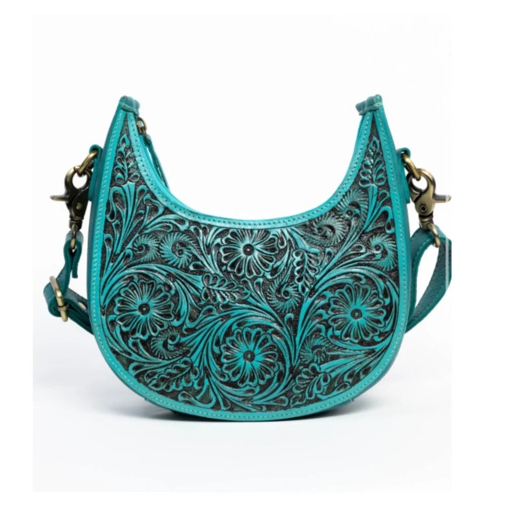 American Bison Turquoise Leather Hand Tooled Floral Western Crossbody Bag NEW